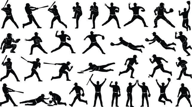 Baseball Player Action Silhouette Vector Icon Set Featuring Batter Swings Pitcher Throws Catcher Stances and Runner Slides for Sports Graphic Designs