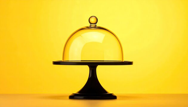 Elegant glass dome on black stand with yellow background