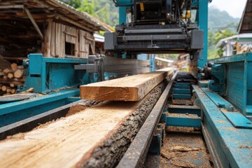 Fototapeta premium Close-up of a modern sawmill processing raw timber into wooden boards, showcasing industrial woodworking, lumber production, and sustainable wood manufacturing.