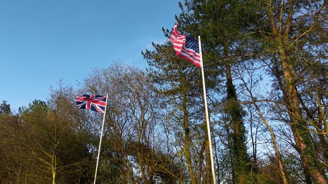United Kingdom flag and United States flag waving on memorial flagpoles symbolizing remembrance and allied unity. Wind moving Union Jack and stars stripes under clear sky near trees. Concept