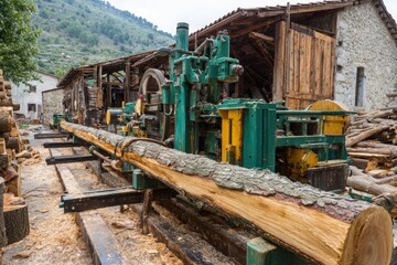Fototapeta premium Close-up of a modern sawmill processing raw timber into wooden boards, showcasing industrial woodworking, lumber production, and sustainable wood manufacturing.