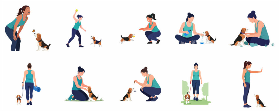 Woman and beagle dog set of character poses. Girl playing, walking, training, and bonding with her pet puppy. Flat vector illustration for lifestyle and pet care concepts.
