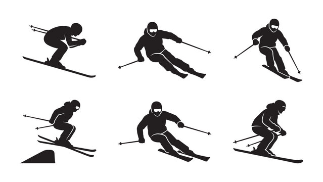 Collection of black silhouette icons depicting various skiing actions and poses.