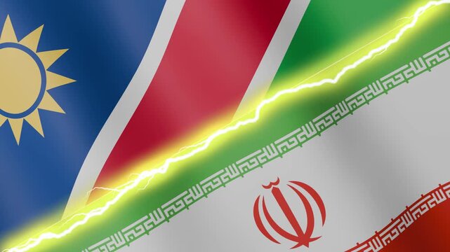Two waving flags Namibia and Iran with diagonal lightning seamless, 4k loop
