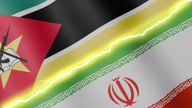 Two waving flags Mozambique and Iran with diagonal lightning seamless, 4k loop
