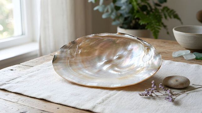 Large Natural Mother of Pearl Shell Plate on Linen Cloth, Iridescent Sea Shell Serving Dish, Zen Coastal Spa Table Decor, Organic Oyster Shell Tray with Pebble Accent
