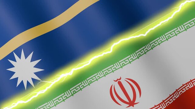 Two waving flags Nauru and Iran with diagonal lightning seamless, 4k loop