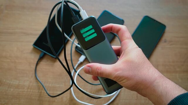 Switching charging indicators on powerful power bank while charging three smartphones simultaneously. Display alternating between percentage values and graphical bars for each output channel