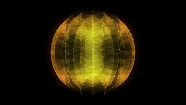 Abstract yellow sphere with connecting dots and lines. Wireframe technology sphere. Big data visualization. 3d rendering.