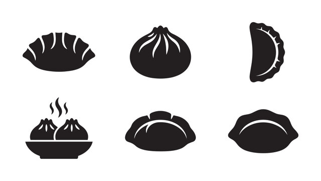 Set of black and white dumpling icons for Asian food menu design.
