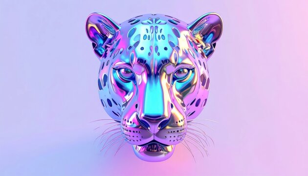 Iridescent Metallic Leopard Head Facing Forward on Pastel Gradient Background