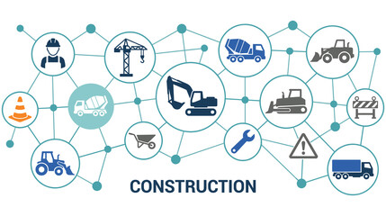 Construction industry icons connected in a network on white. © SABIKUNNAHAR