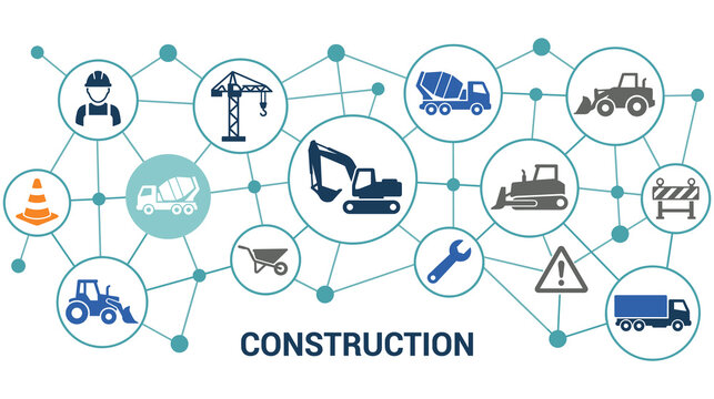 Construction industry icons connected in a network on white.