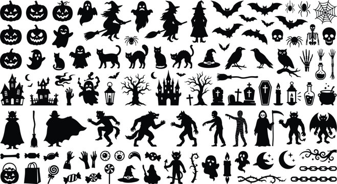 Halloween Silhouette Vector Icon Set Featuring Pumpkins, Witches, Ghosts, Monsters, Haunted Houses, and Creepy Elements for Festive Digital Graphic Designs