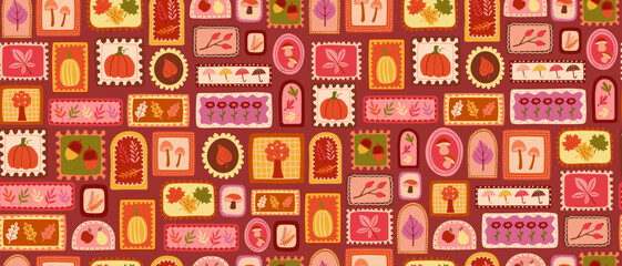 Seamless pattern with autumn postage stamps. Decorative background featuring pumpkin, leaf, mushroom, and acorn icons. Autumn harvest illustration for stationery, wrapping paper, and textiles. © Katerina