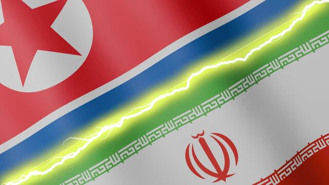 Two waving flags North Korea and Iran with diagonal lightning seamless, 4k loop