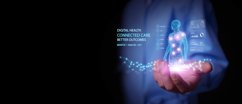 Digital health concept. Doctor hand holds virtual human body with healthcare analytics. Wellness monitoring, AI powered patient data, remote care technology, connected care, future digital medicine.