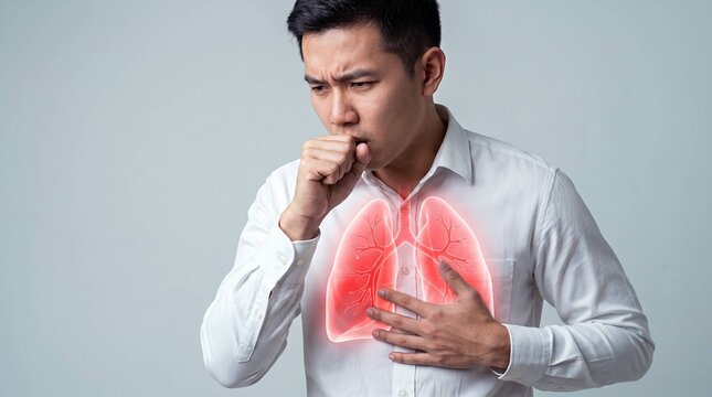 Asian Man Coughing and Holding Chest with Digital Lung Illustration Overlay on Gray Background