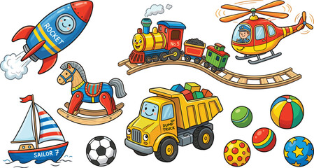 Fototapeta premium Cute Kids Toy Vector Set Featuring Rocket Train Helicopter Dump Truck Sailboat Rocking Horse and Colorful Balls for Children Playroom Illustration
