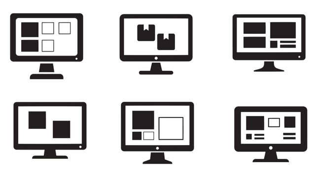 Modern desktop monitor layout templates with responsive webpage wireframes and dashboard interface mockups isolated on dark background