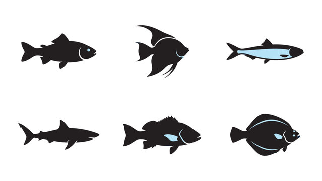 Set of six stylized fish silhouettes including shark angelfish and flatfish icons.