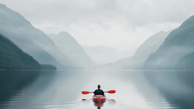 A person paddles a red kayak through calm water in a mountain area. The morning fog surrounds the peaks and reflects on the surface. The quiet scenery creates a simple atmosphere of nature