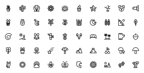 Fototapeta premium Nature icon set. Minimalist vector icons. Featuring plant, cactus, shell, sunflower, starfish, bear, fish, moon, palm, waterfall, leaf, landscape, rabbit, bamboo, trees, mountain and more.