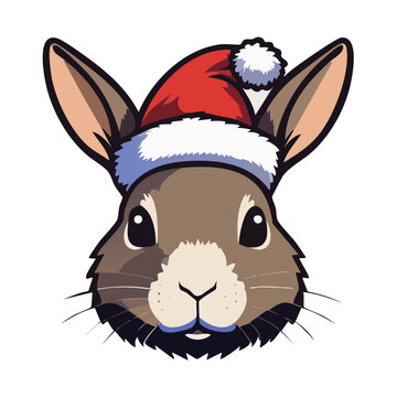 Cartoon Rabbit Head with Santa Hat