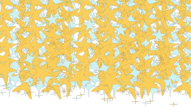 Golden stars and radiant starbursts descend transition effect video overlay. Animated flat cartoon cascade on transparent background. Dazzling celestial scene change. Creative wipe motion graphic