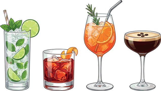 Classic cocktail drinks vector set including mojito negroni aperol spritz and espresso martini isolated on white background for bar menu design