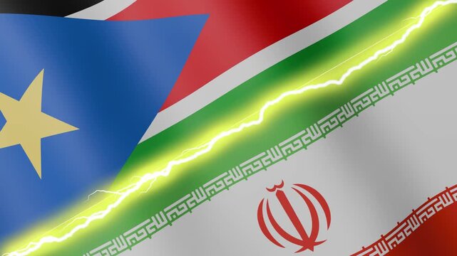 Two waving flags South Sudan and Iran with diagonal lightning seamless, 4k loop