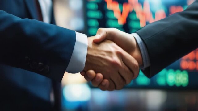 Handshake Deal Amidst Financial Fluctuations: Two businessmen in sharp suits solidify an agreement with a firm handshake, set against a backdrop of a dynamic stock market graph.