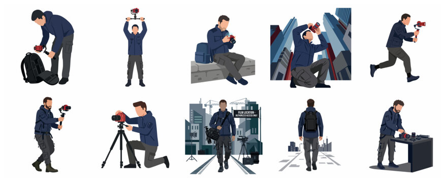 Professional Photographer and Videographer Character Set for Media Production and Content Creation Vector Illustration