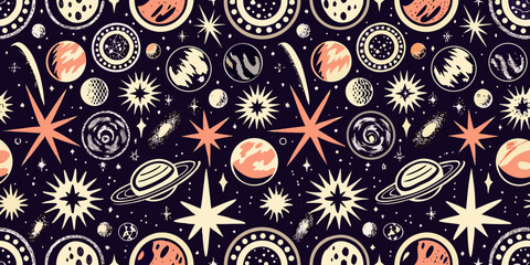 Retro Space Pattern Vector Illustration With Planets And Stars © Ajay