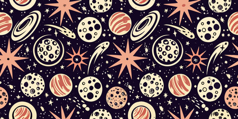 Retro Space Pattern Vector Illustration With Planets And Stars © Ajay
