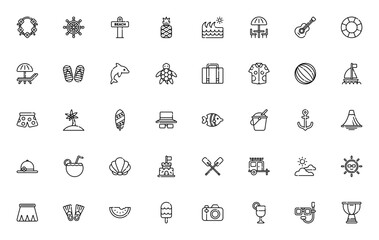 Hawaii icon set. Outline vector icons pack. Minimal line art illustrations. Featuring pineapple, palm tree, surfboard, volcano, cocktail, turtle, seashell, guitar, camera, and more. Editable stroke. © wang