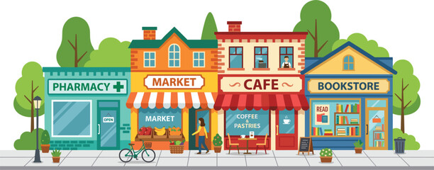 Small Business Shop Fronts Set on City Street Building Facades of Pharmacy Market Cafe and Bookstore Vector Illustration for Urban Neighborhood Lifestyle Concepts © Sohel