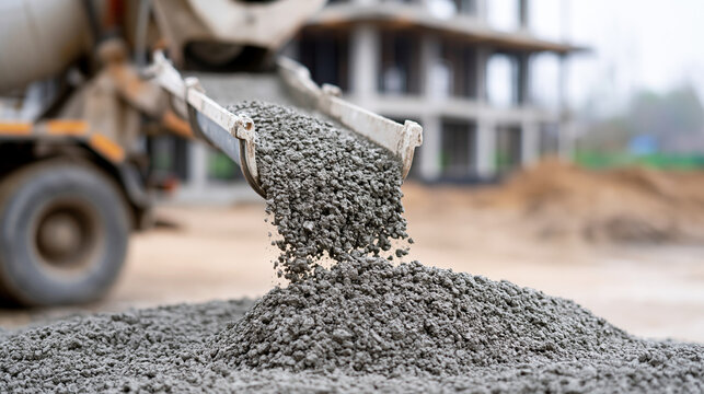 Concrete mixer truck pouring wet cement mixture onto a construction site ground, building infrastructure and creating a strong foundation for new development