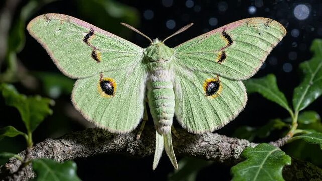 Green moth on a branch.