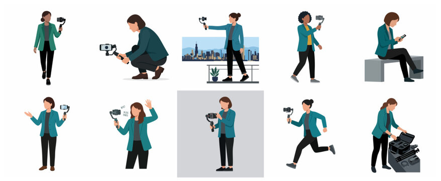Female content creator and vlogger character set using gimbal stabilizer for professional video production