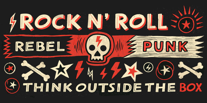 Rock and roll themed graphic design with skull and lightning bolts vector illustration