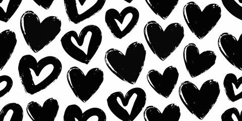 Fototapeta premium Hand drawn black hearts seamless pattern on white background