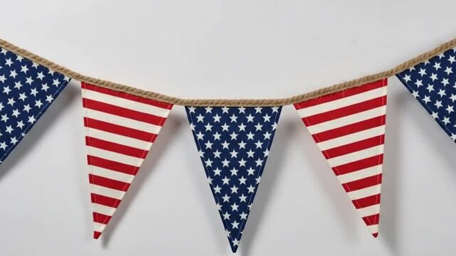 American flag pattern triangular bunting flags hanging on a rope isolated on white background