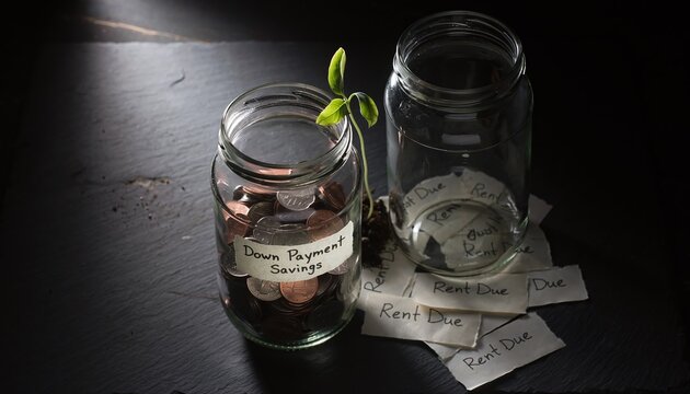A green sprout grows from a coinfilled glass jar labeled Down Payment Savings next to an empty jar surrounded by Rent Due notes, evoking hope for future homeownership. Nobody.