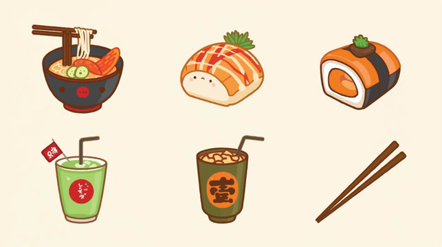 A collection of colorful and cute hand-drawn style illustrations featuring Japanese food favorites like ramen noodles, sushi, and drinks.