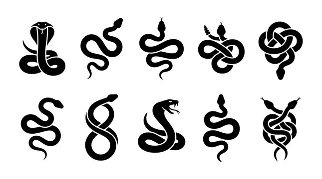 Set of diverse black snake silhouette icons featuring cobra and rattlesnake on white background, symbolizing wildlife conservation awareness or creative tattoo brand identity inspiration