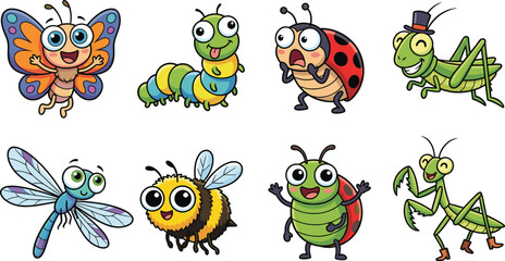 Fototapeta premium Cute Kawaii Insect Character Collection with Colorful Cartoon Mascot Illustrations
