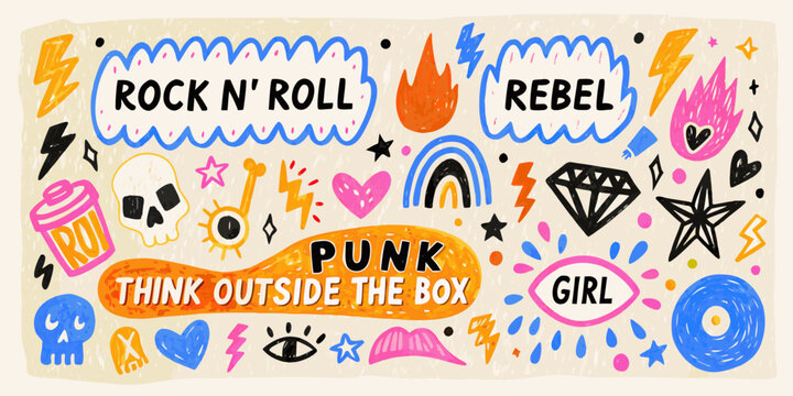 Punk rock themed doodle collection hand drawn vector illustration