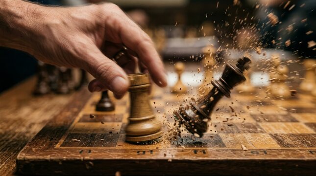 A hand aggressively strikes the black king with a rook, exploding in splinters. This striking visual powerfully illustrates corporate takeovers, absolute defeat, or ultimate strategic victory.
