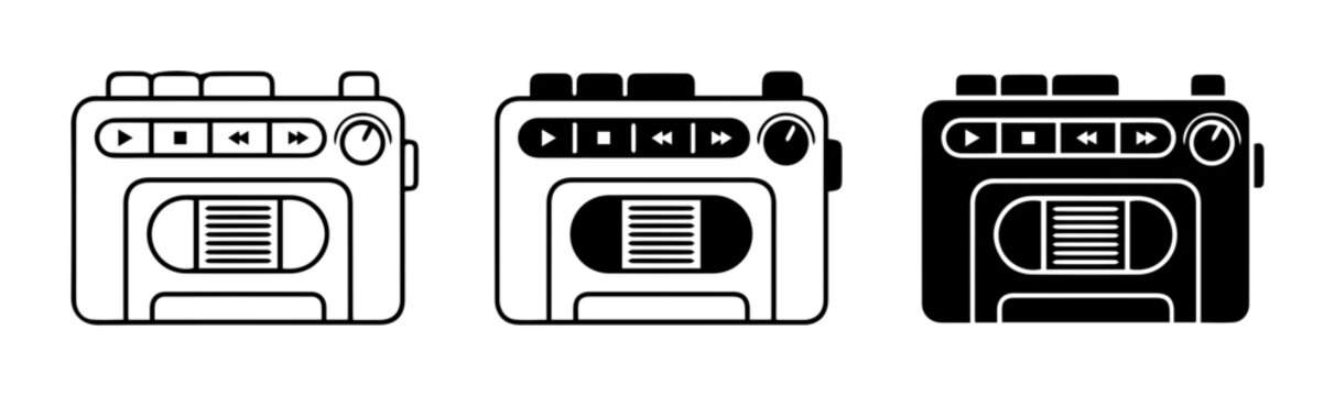 Portable Cassette Player Icons, Retro Audio Device Set, Vintage Music Player Vector Graphics